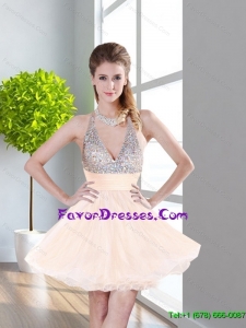 2015 Romantic Backless Halter Top Empire Prom Dress in Rose Pink