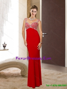 2015 Romantic Floor Length Red Formal Prom Dresses with Beading and Open Back