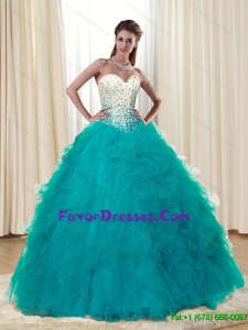 Beautiful 2015 Ball Gown Beading and Ruffles Turquoise Prom Dresses