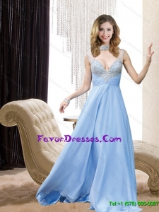 Gorgeous 2015 High Neck Beading Prom Dress in Light Blue