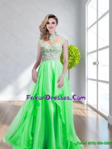 Gorgeous High Neck Beading Spring Green Prom Dress with Brush Train