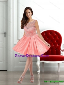 Luxurious Watermelon Scoop A Line 2015 Prom Dress with Appliques