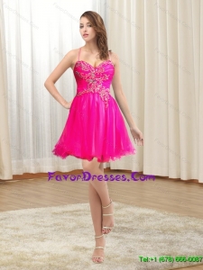 Modest 2015 Spaghetti Straps Hot Pink Prom Dress with Embroidery and Beading