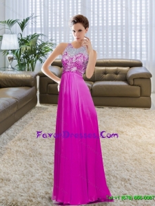 Modest Bateau Floor Length Beading and Ruching Fuchsia Most Popular Prom Dresses for 2015