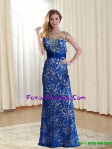 Perfect Bateau 2015 Blue Most Popular Prom Dresseswith Lace and Open Back