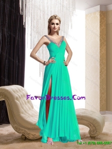 Plus Size 2015 Scoop Beading and Ruching Prom Dress in Turquoise