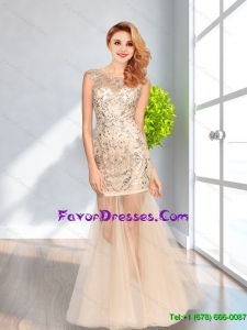 Pretty 2015 Column Scoop Beading Tulle Most Popular Prom Dresses in Champagne