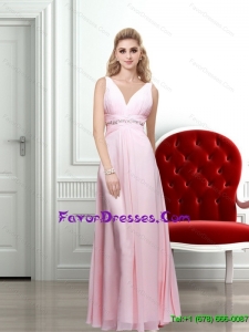 2015 Baby Pink V Neck Backless Long Modern Mother Dresses with Beading and Ruching