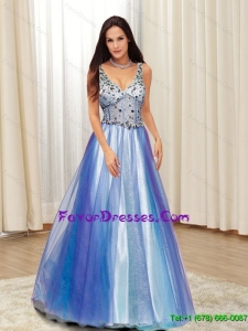2015 Elegant A Line V Neck Beading Tulle Prom Dresses in Multi Color