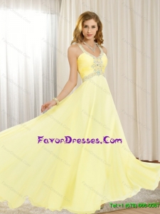 2015 Gorgeous Beading Straps Sweet Prom Dress with Sweep Train and Criss Cross