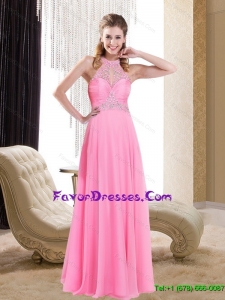 2015 High Neck Floor Length Most Popular Prom Dresses with Beading and Brush Train