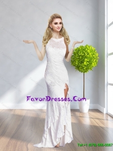 2015 New Bateau White Long Modern Mother Dresses with Appliques and High Slit