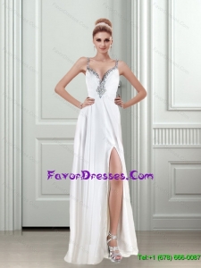 2015 Sturning Beading White Cheap Bridesmaid Dress with Beading and High Slit