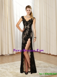 Beautiful 2015 Formal V Neck Lace and High Slit Black Prom Dresses