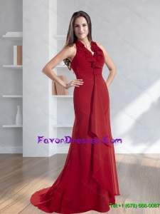 Classical 2015 Halter Top Red Plus Size Prom Dress with Brush Train