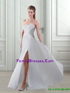 Elegant 2015 Beading and High Slit Sweetheart White Plus Size Prom Dress
