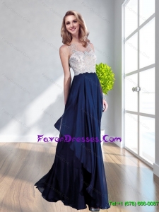 Elegant Bateau Floor Length Navy Blue Prom Dress with Lace and Ruching