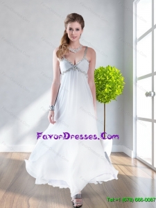 Modest Beading Straps White Long Sweet Prom Dress for 2015 Spring