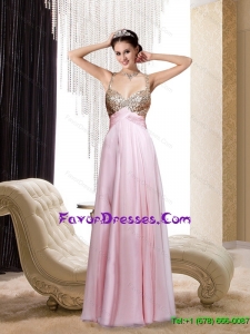 Popular Spaghetti Straps Sequins Baby Pink Long Bridesmaid Dresses for 2015 Spring