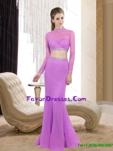2015 Delicate High Neck Column Beading Lilac Bridesmaid Dresses
