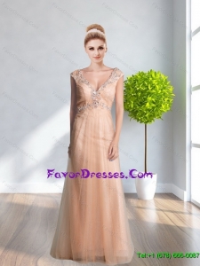 2015 Elegant V Neck Beading Tulle Column Cheap Bridesmaid Dress in Champagne