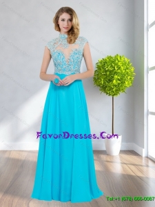 2015 Fashionable High Neck Empire Beading Aqua Blue Bridesmaid Dresses