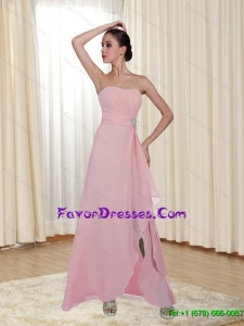 2015 New Style Beading and Ruching Strapless Rose Pink Cheap Bridesmaid Dress