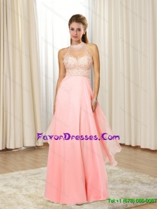 2015 Pretty Halter Top with Beading Bridesmaid Dresses in Rose Pink