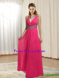 2015 The Most Popular Empire V Neck Beading Cheap Bridesmaid Dress in Hot Pink