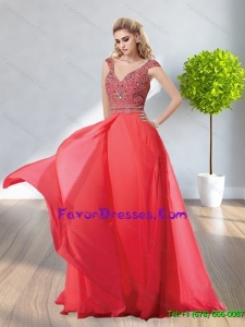 Beautiful 2015 V Neck Cap Sleeves Beading Bridesmaid Gowns in Red