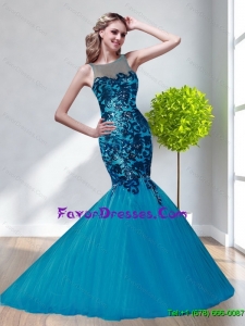 Elegant 2015 Scoop Tulle Appliques Bridesmaid Dress in Blue