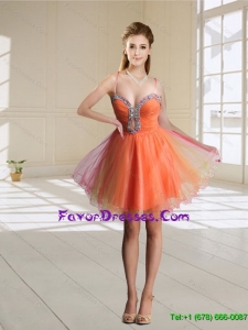 New Style Spaghetti Straps Beading Orange Red 2015 Short Bridesmaid Dresses