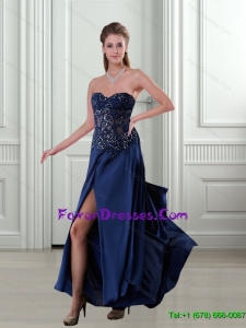 2015 Elegant Beading and High Slit Navy Blue Mother Dress with Brush Train