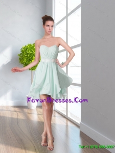 2015 Latest Sweetheart Mini Length Apple Green Short Bridesmaid Dresses with Belt and Ruching