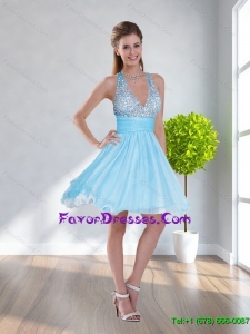 Stylish 2015 Empire Backless Halter Top Bridesmaid Dress in Aqua Blue