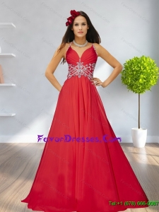 2015 Empire Straps Beading Red Bridesmaid Dresses with Brush Train