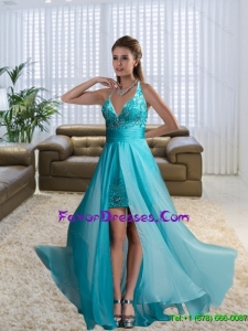 2015 Popular High Low V Neck Bridesmaid Dresses with Belt and Brush Train