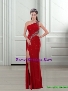 2015 Popular One Shoulder Beading and High Slit Red Bridesmaid Dresses