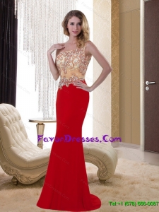 2015 Exclusive One Shoulder Red Long Mother Dress with Appliques and Brush Train