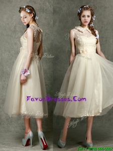 Cheap High Neck Champagne Bridesmaid Dress with Lace and Hand Made Flowers