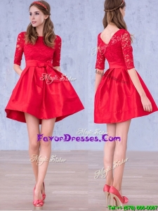 2016 Romantic Bowknot and Laced Scoop Half Sleeves Dama Dress in Red