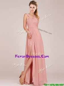 Modern Straps Peach Bridesmaid Dress with Ruching and High Slit