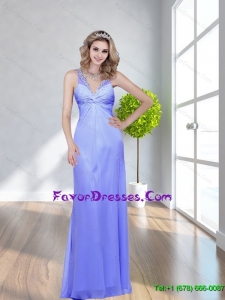 Popular 2015 Beading V Neck Lavender Bridesmaid Dresses with Criss Cross
