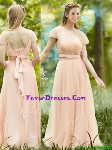 2016 Elegant See Through Scoop Short Sleeves Dama Dresses in Peach