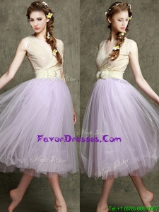 New Style Lavender V Neck Dama Dresses with Bowknot and Belt
