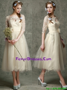 See Through Scoop Half Sleeves Dama Dresses with Hand Made Flowers and Lace