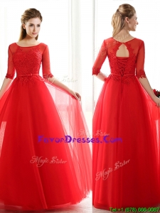 See Through Scoop Half Sleeves Red Dama Dresses with Lace and Belt