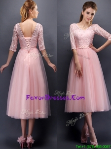 See Through V Neck Half Sleeves Dama Dresses with Lace and Belt