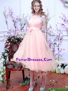 2016 Beautiful Halter Top Baby Pink Dama Dresses with Hand Made Flowers