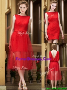 2016 Exclusive Bateau Lace Tea Length Dama Dresses in Red